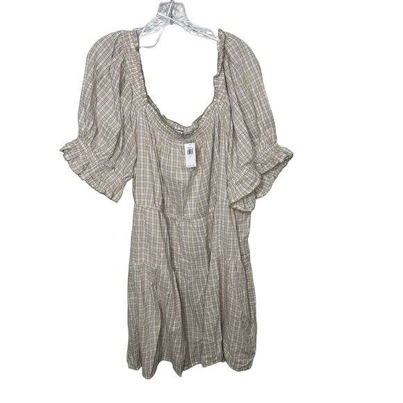 Old Navy Women’s 3X Plaid Peasant Dress Beige Check Puff Sleeve Boho Cottagecore - Picture 1 of 10